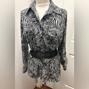Zebra Print Button-Up Shirt with Black Belt